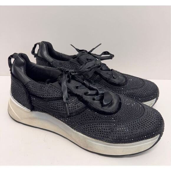 Kenneth Cole Sneakers Womens Size 7.5 Black Rhinestone Ribbon Ties - Picture 2 of 9